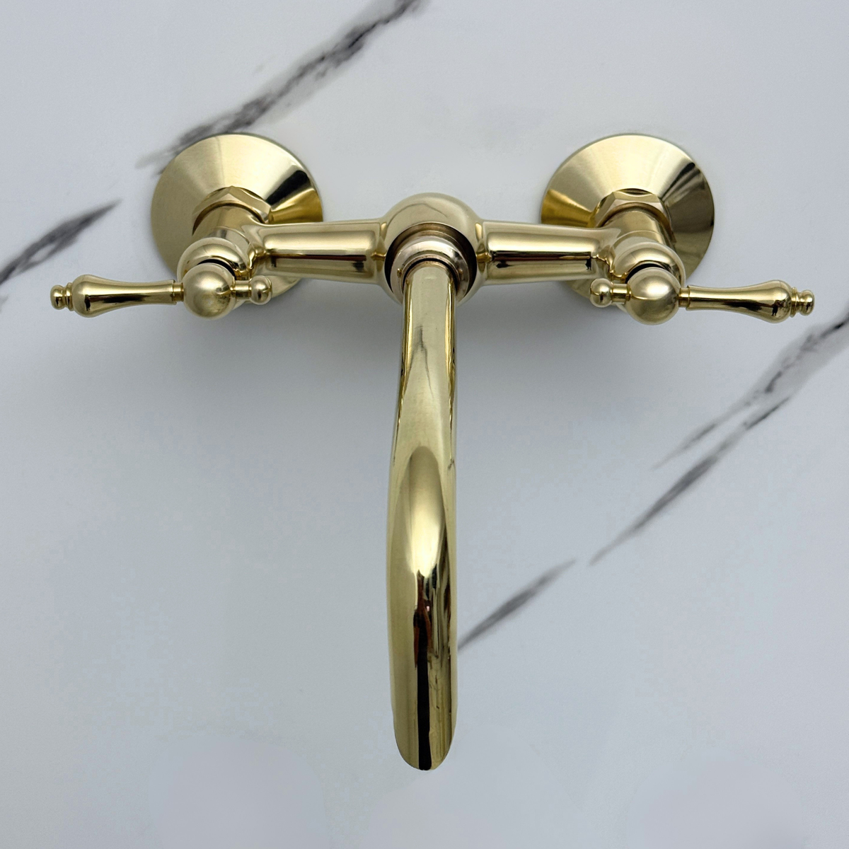 10" Ball-Center unlacquered brass wall faucet, 6" spread with lever handles – alternate view 6