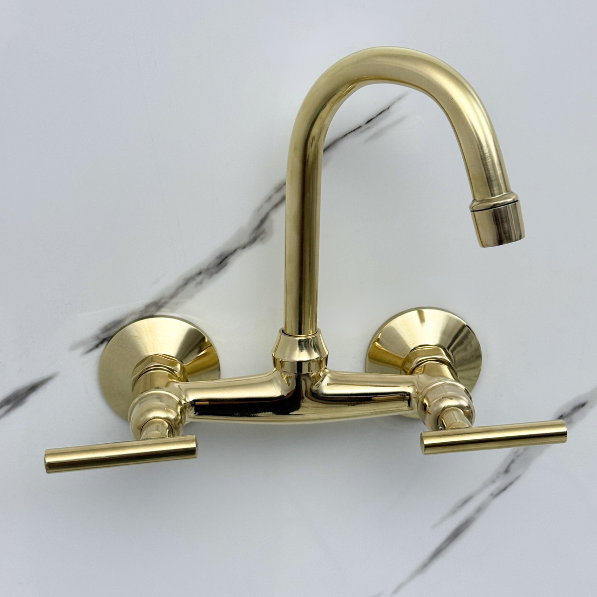 6.5" Gooseneck unlacquered brass wall faucet, 6" spread with lever handles – alternate view 5