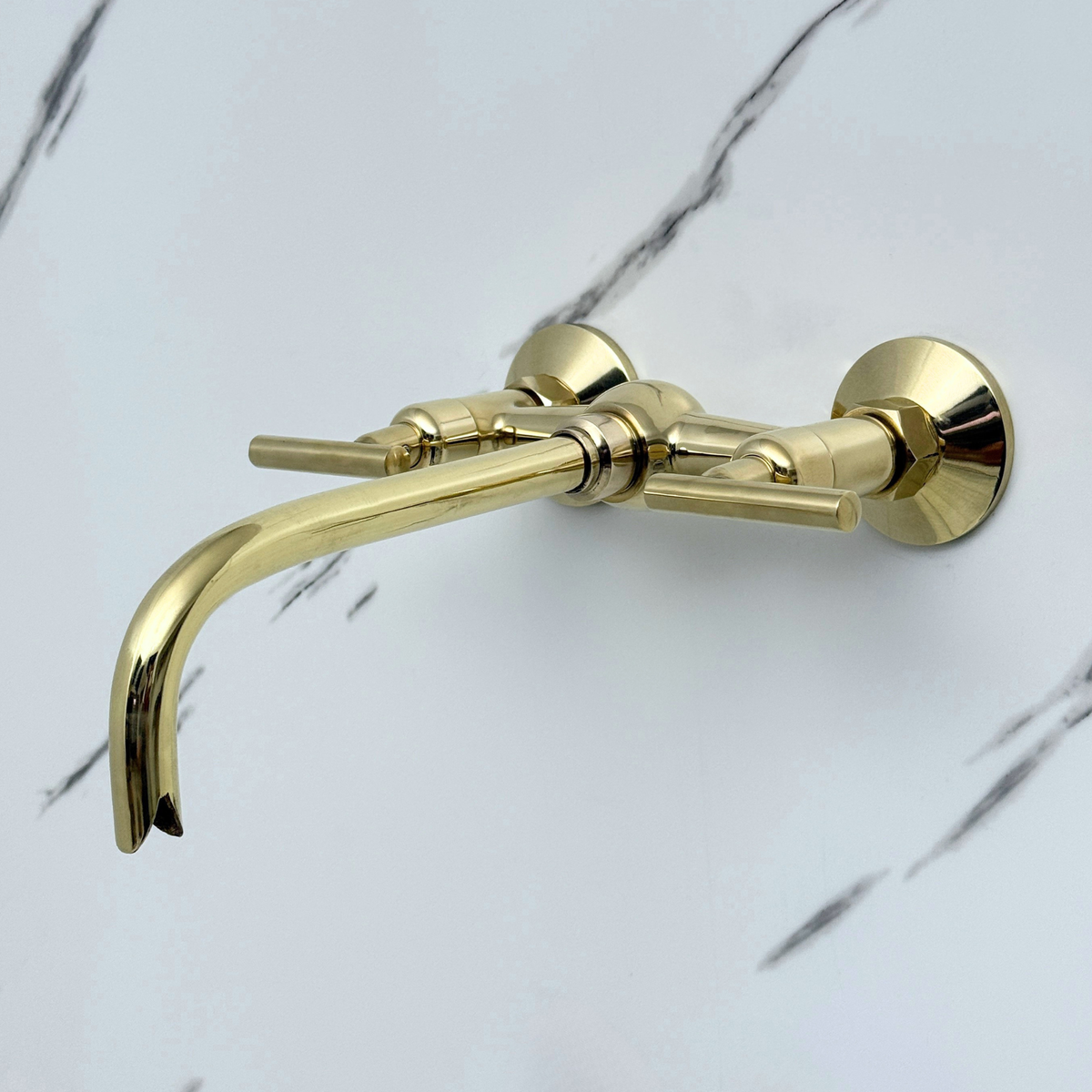 10" Ball-Center unlacquered brass wall faucet, 6" spread with lever handles – alternate view 9
