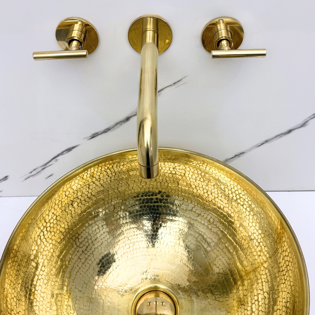 8" Curved unlacquered brass wall faucet, 2.5" drop with lever handles – alternate view 11