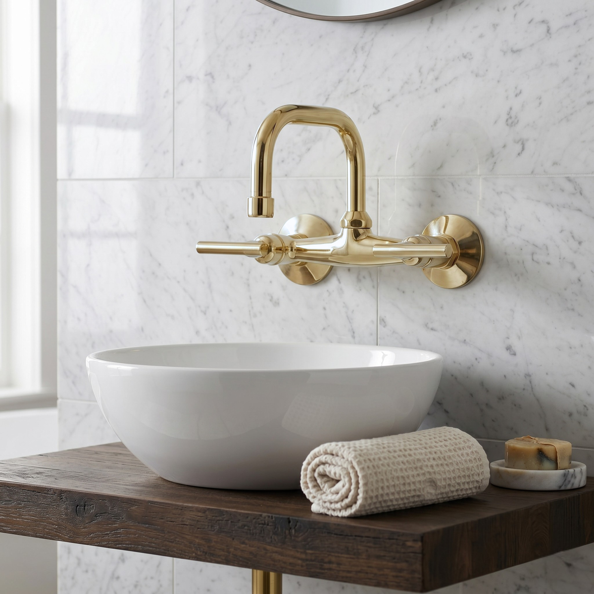 7.5" Swivel unlacquered brass wall faucet, 6" spread with lever handles