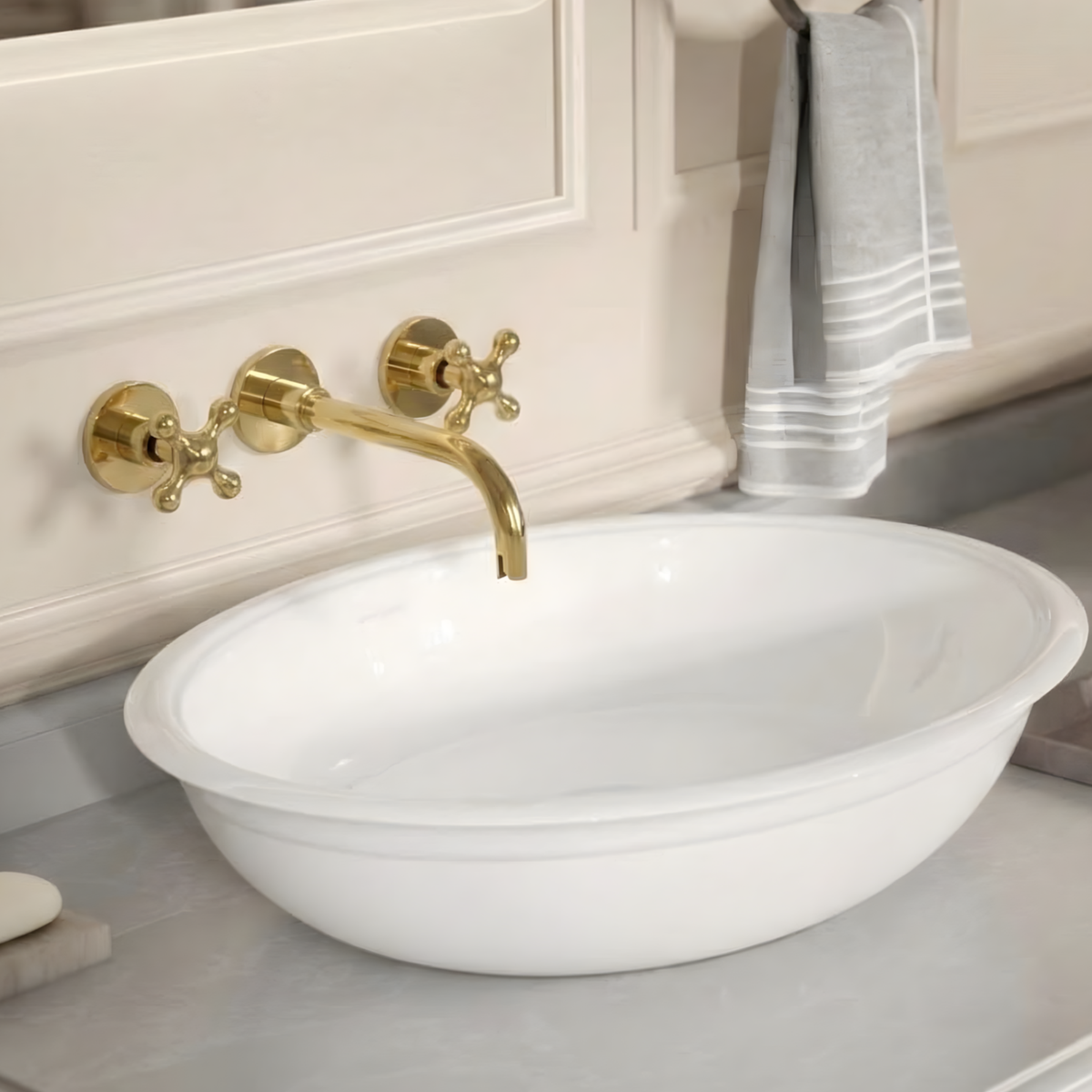 8" Curved unlacquered brass wall faucet, 3.5" drop with cross handles