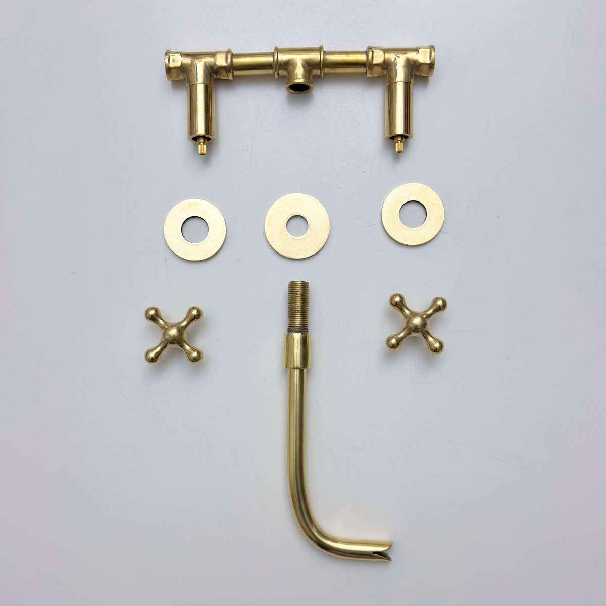 8" Curved unlacquered brass wall faucet, 3.5" drop with cross handles – alternate view 10