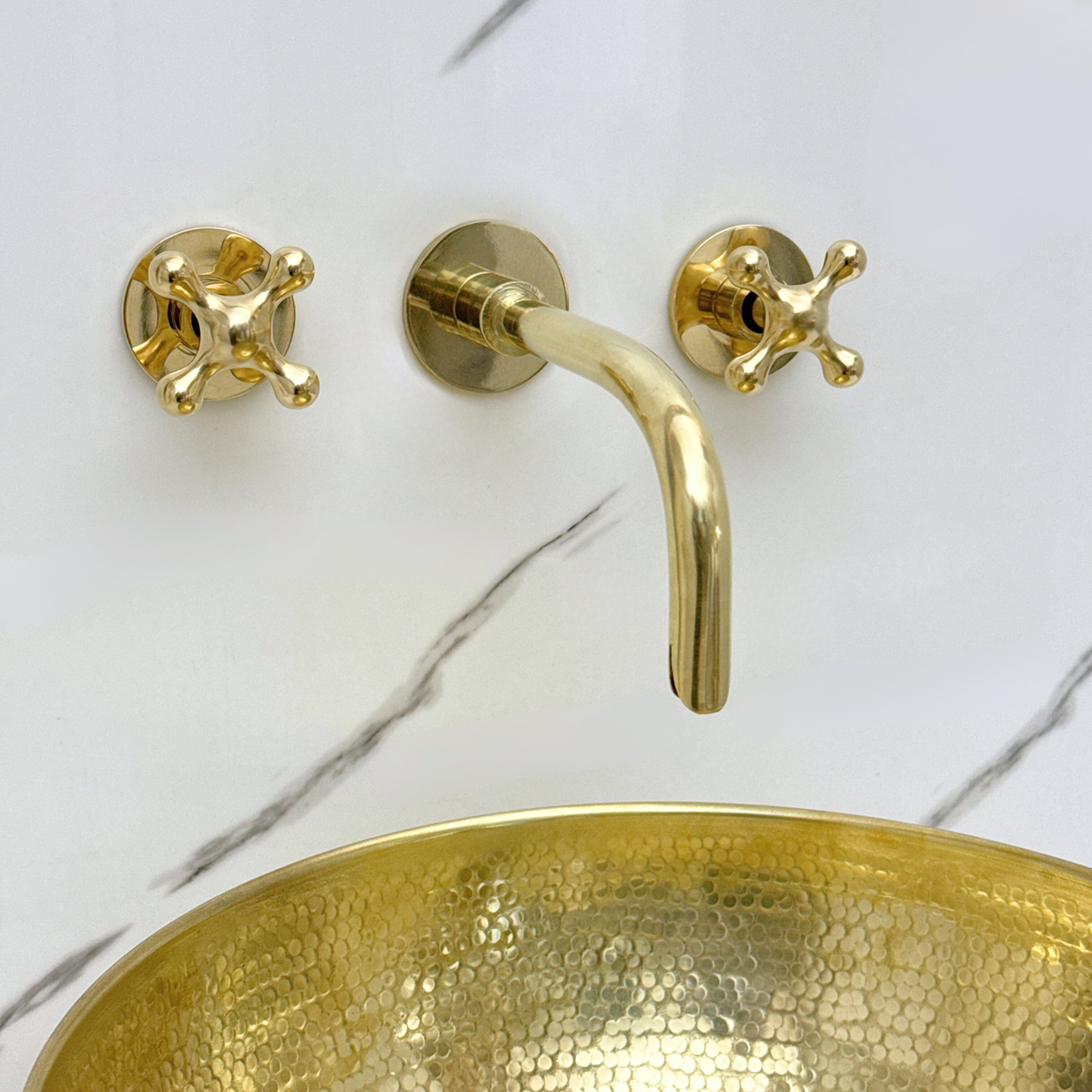 8" Curved unlacquered brass wall faucet, 3.5" drop with cross handles – alternate view 4