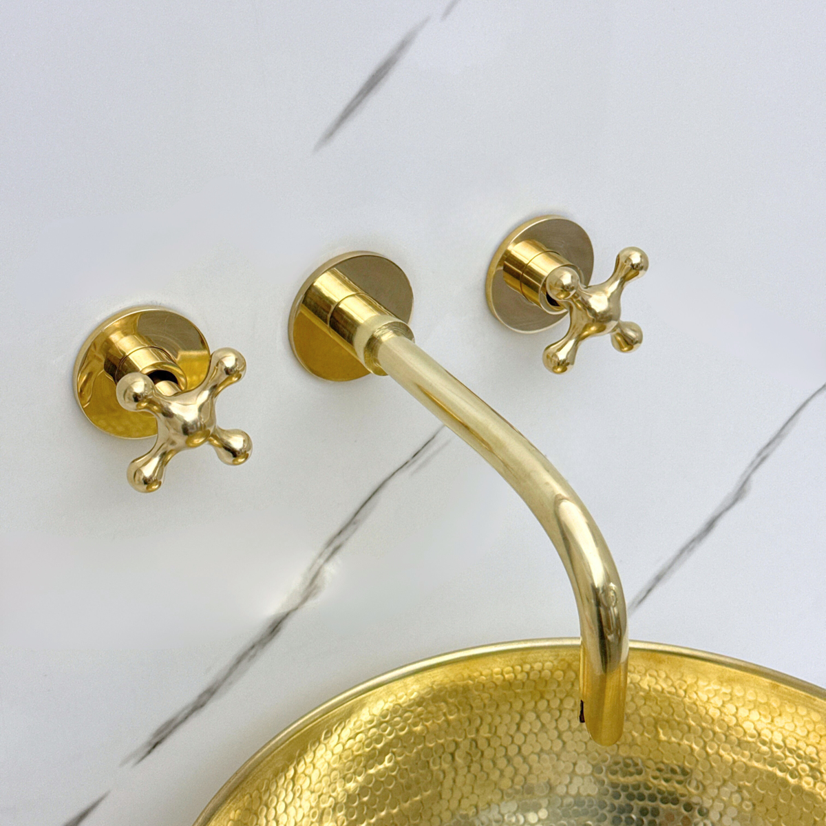 8" Curved unlacquered brass wall faucet, 3.5" drop with cross handles – alternate view 5
