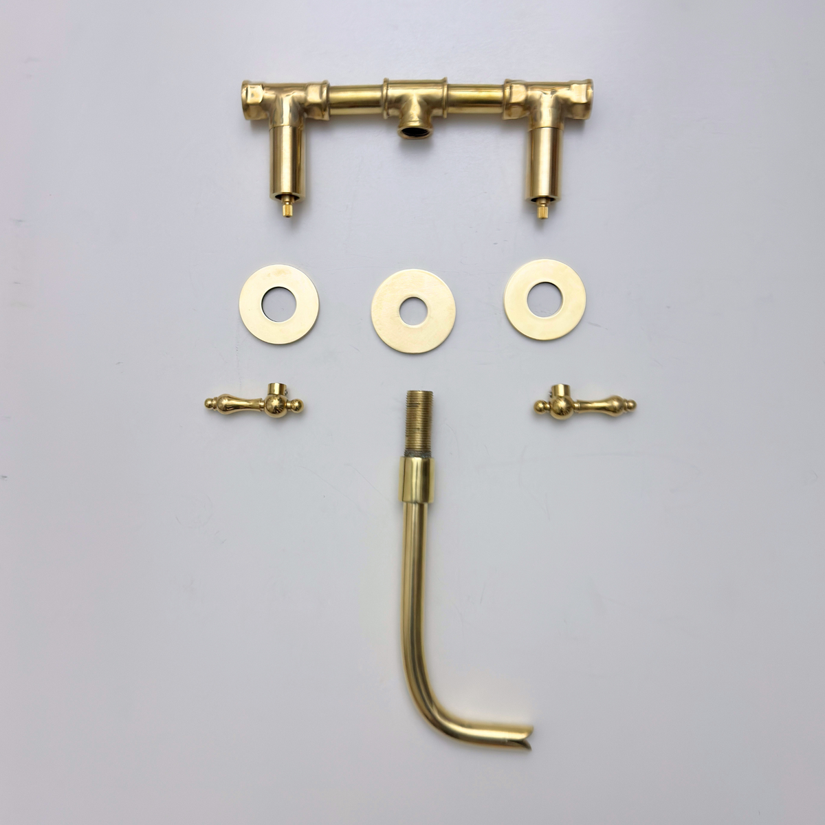 8" Curved unlacquered brass wall faucet, 3.5" drop with lever handles – alternate view 11