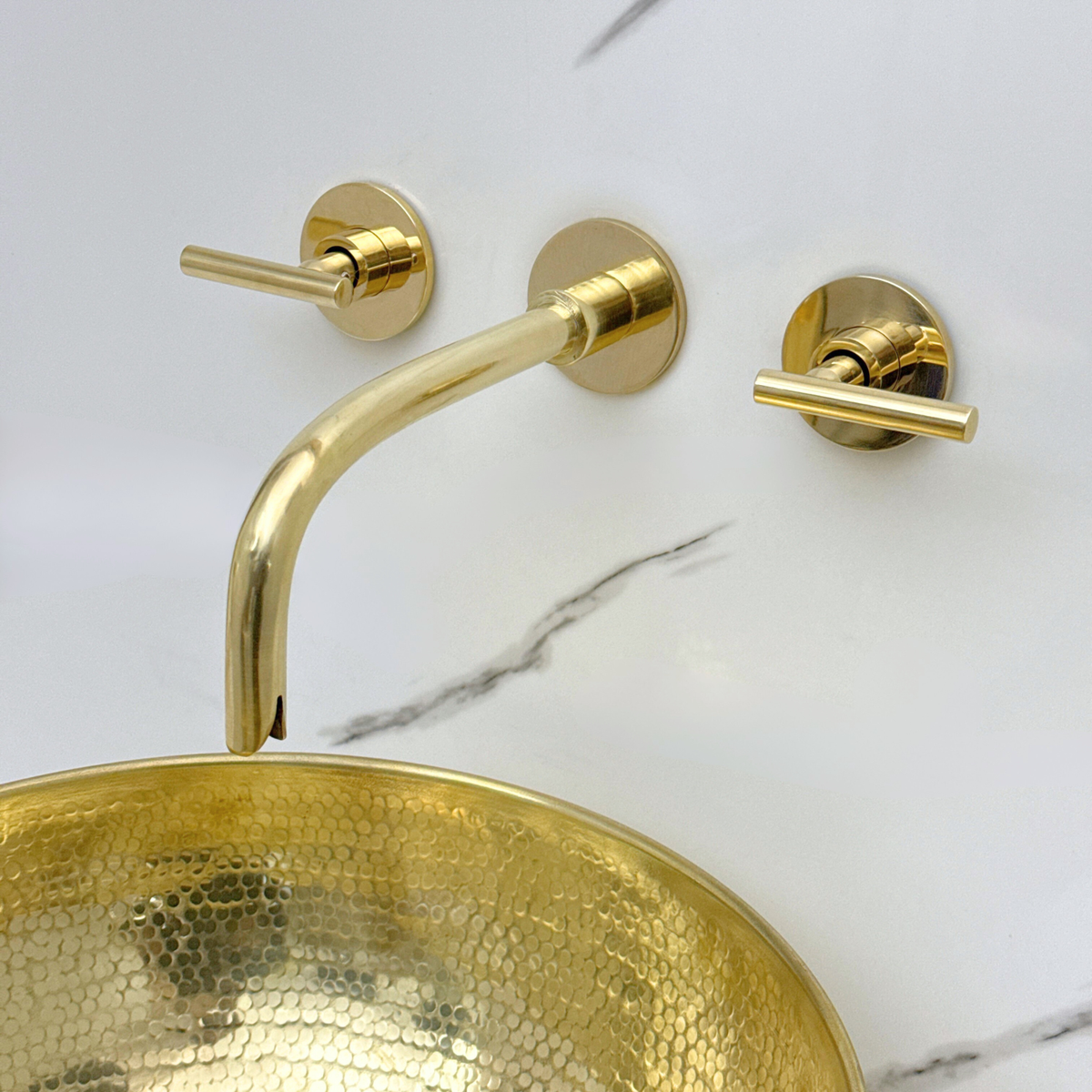 8" Curved unlacquered brass wall faucet, 3.5" drop with lever handles – alternate view 7