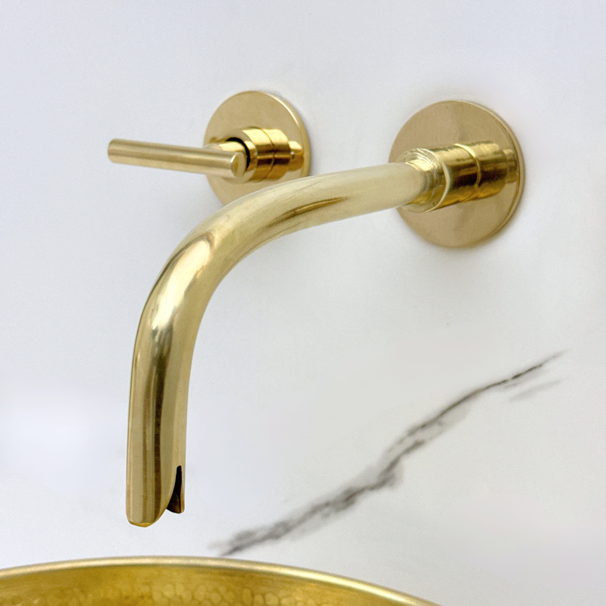 8" Curved unlacquered brass wall faucet, 3.5" drop with lever handles – alternate view 9