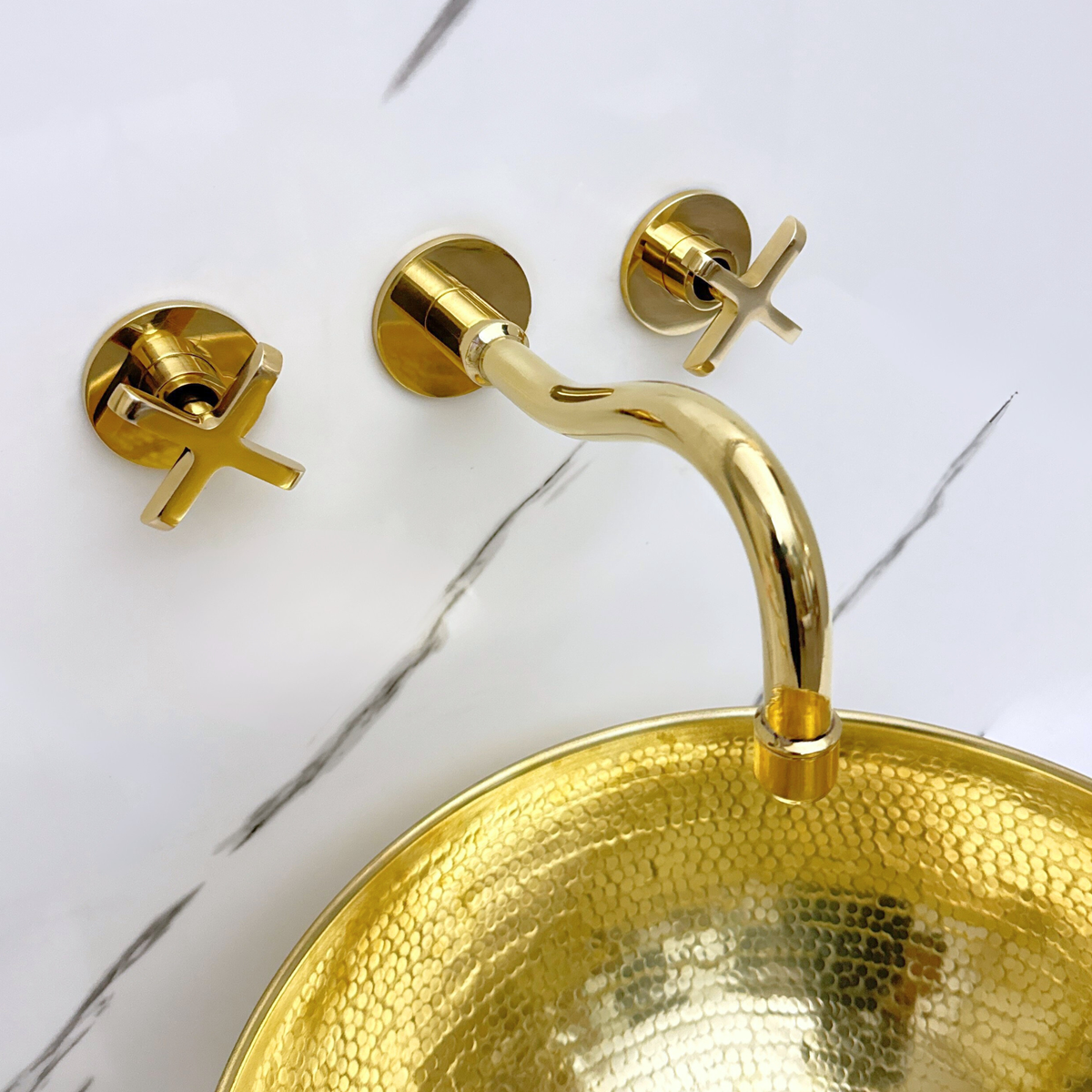 8" Curved unlacquered brass wall faucet, 2" drop with cross handles – alternate view 10
