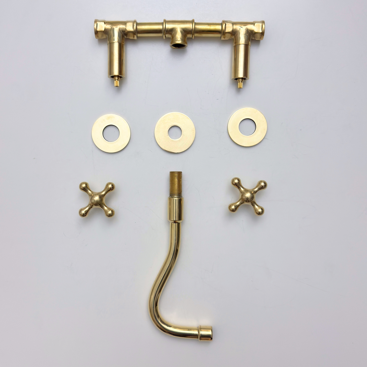 8" Curved unlacquered brass wall faucet, 2" drop with cross handles – alternate view 12
