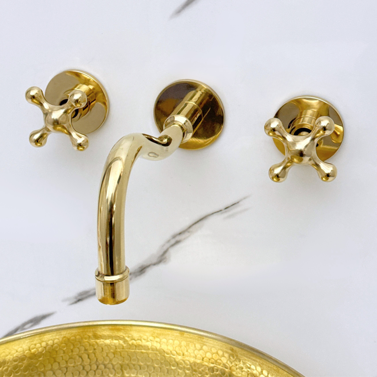 8" Curved unlacquered brass wall faucet, 2" drop with cross handles – alternate view 3