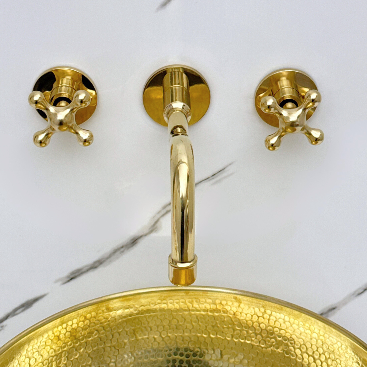 8" Curved unlacquered brass wall faucet, 2" drop with cross handles – alternate view 4
