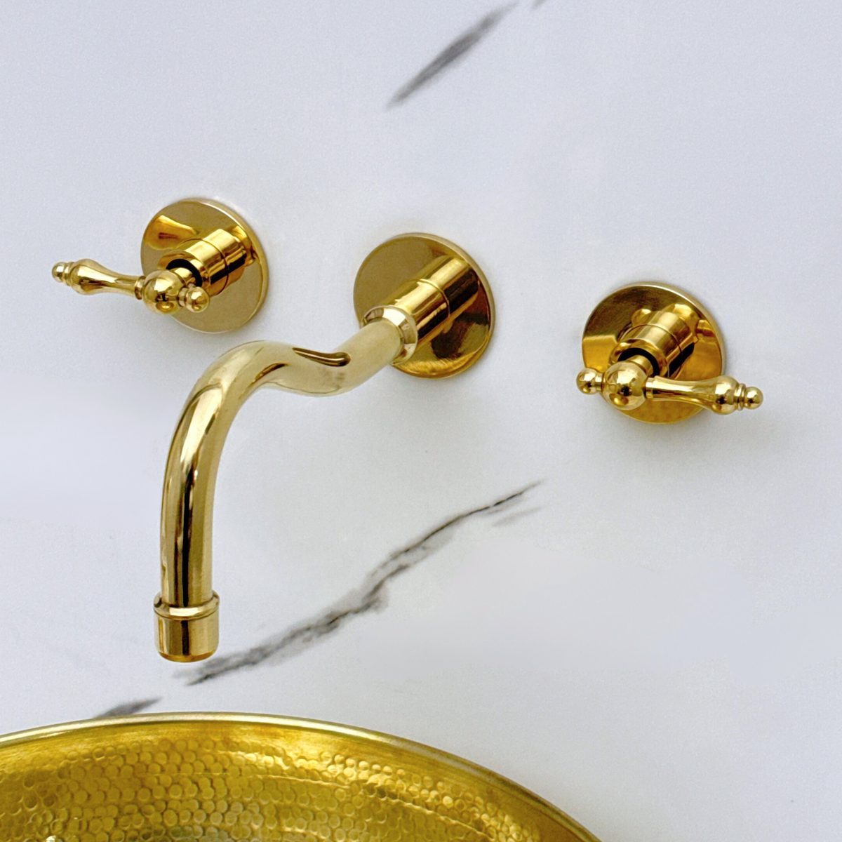 8" Curved unlacquered brass wall faucet, 2" drop with lever handles – alternate view 3