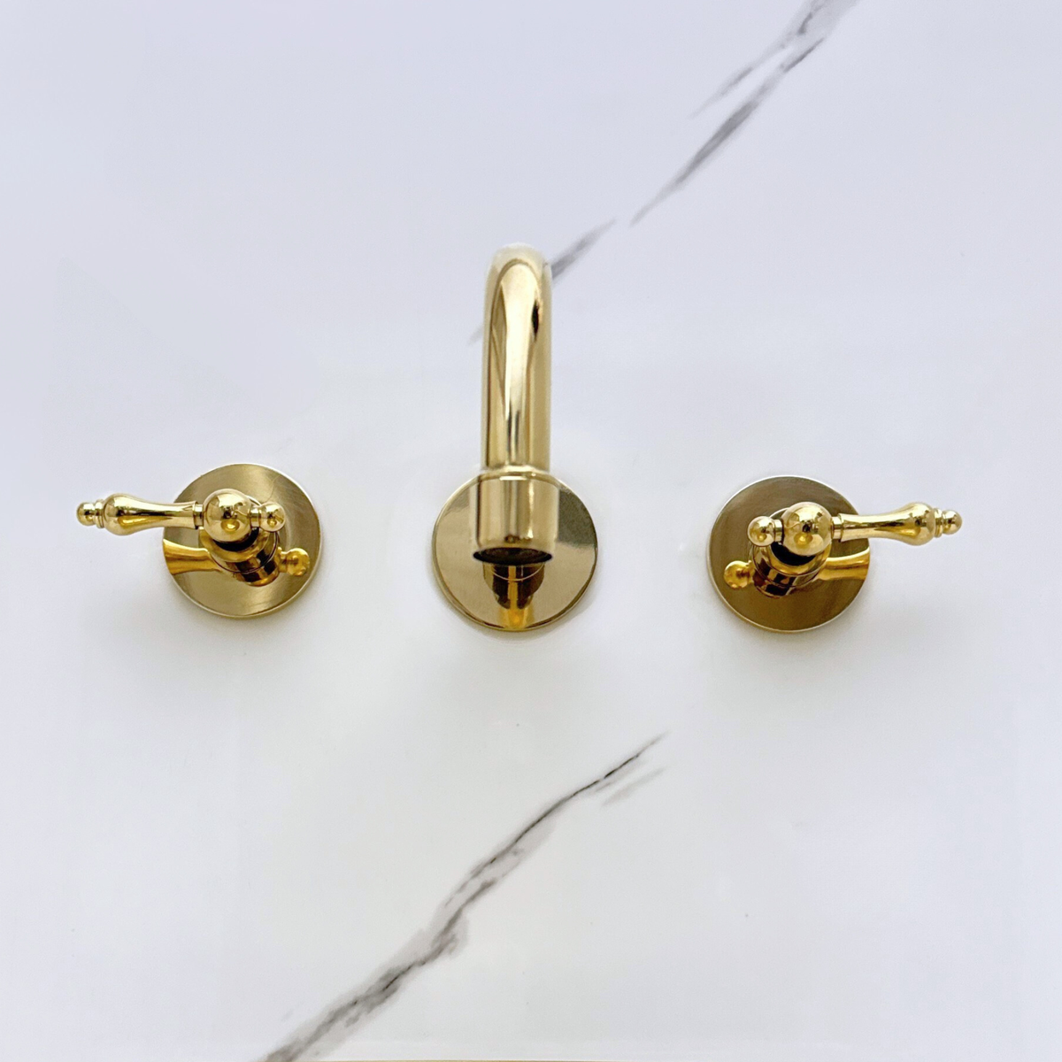 8" Curved unlacquered brass wall faucet, 2" drop with lever handles – alternate view 5