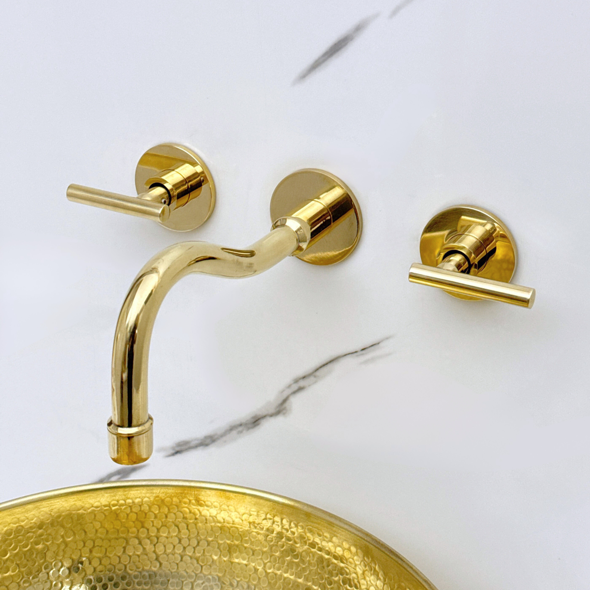 8" Curved unlacquered brass wall faucet, 2" drop with lever handles – alternate view 7