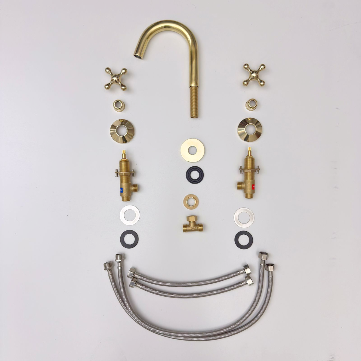 Gooseneck unlacquered brass widespread faucet, 5" reach with cross handles – alternate view 14