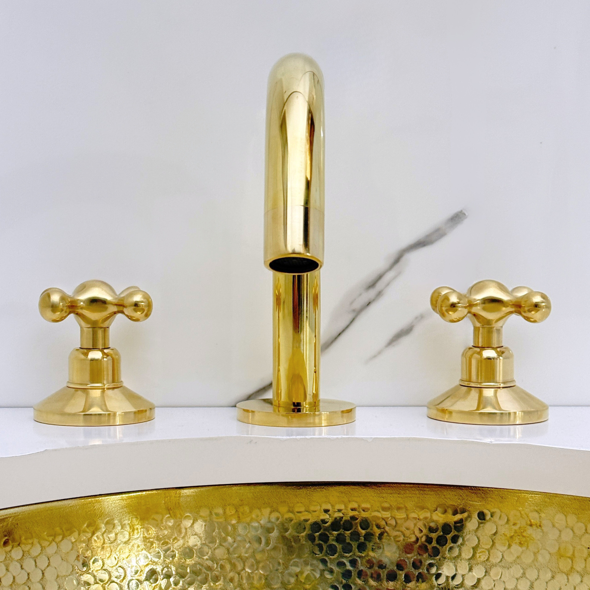Gooseneck unlacquered brass widespread faucet, 5" reach with cross handles – alternate view 6