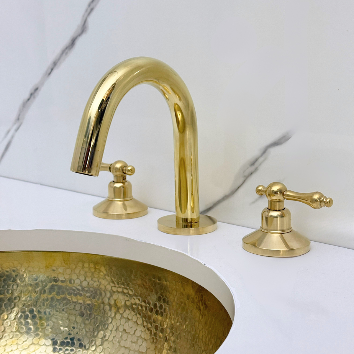 Gooseneck unlacquered brass widespread faucet, 5" reach with lever handles – alternate view 3