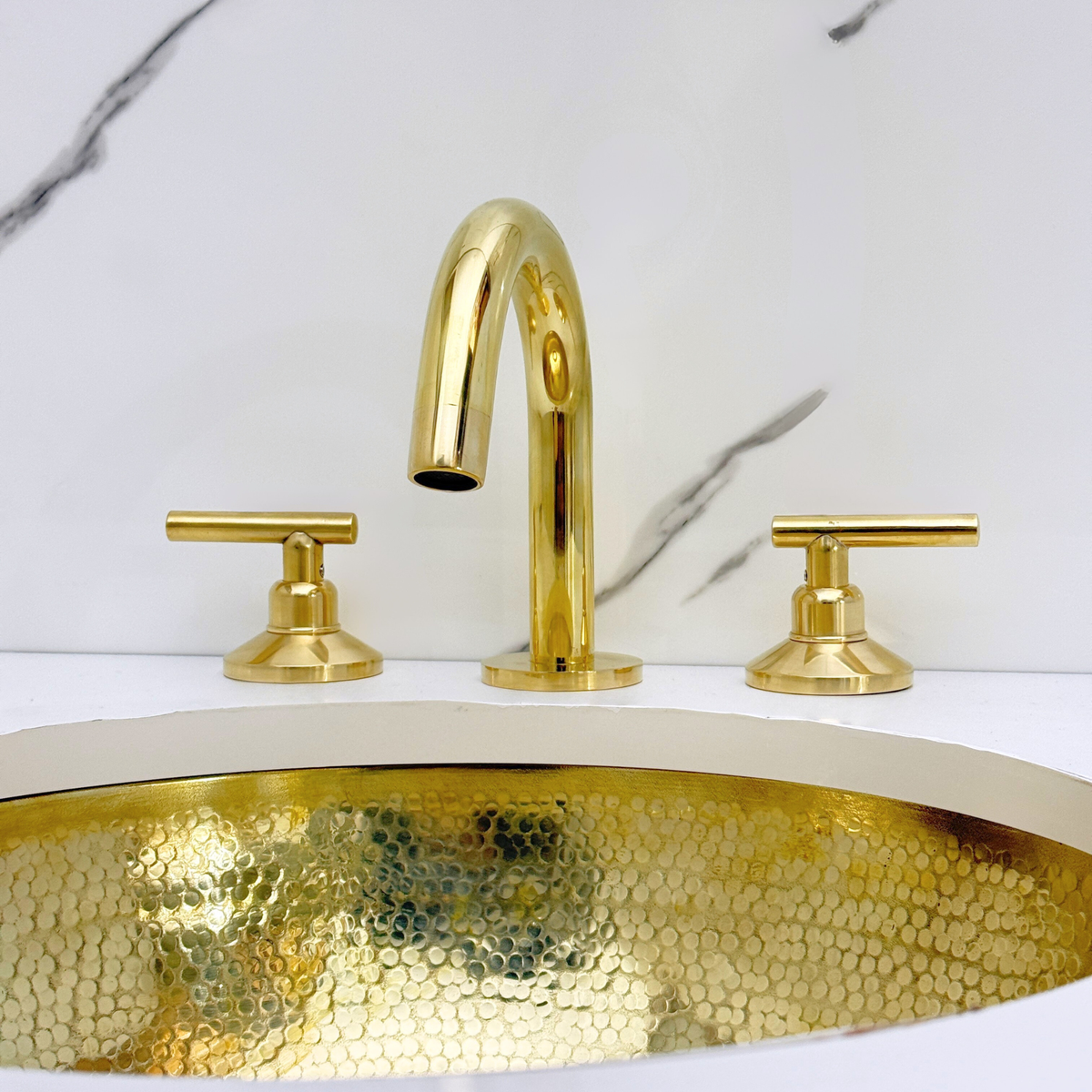 Gooseneck unlacquered brass widespread faucet, 5" reach with lever handles – alternate view 8