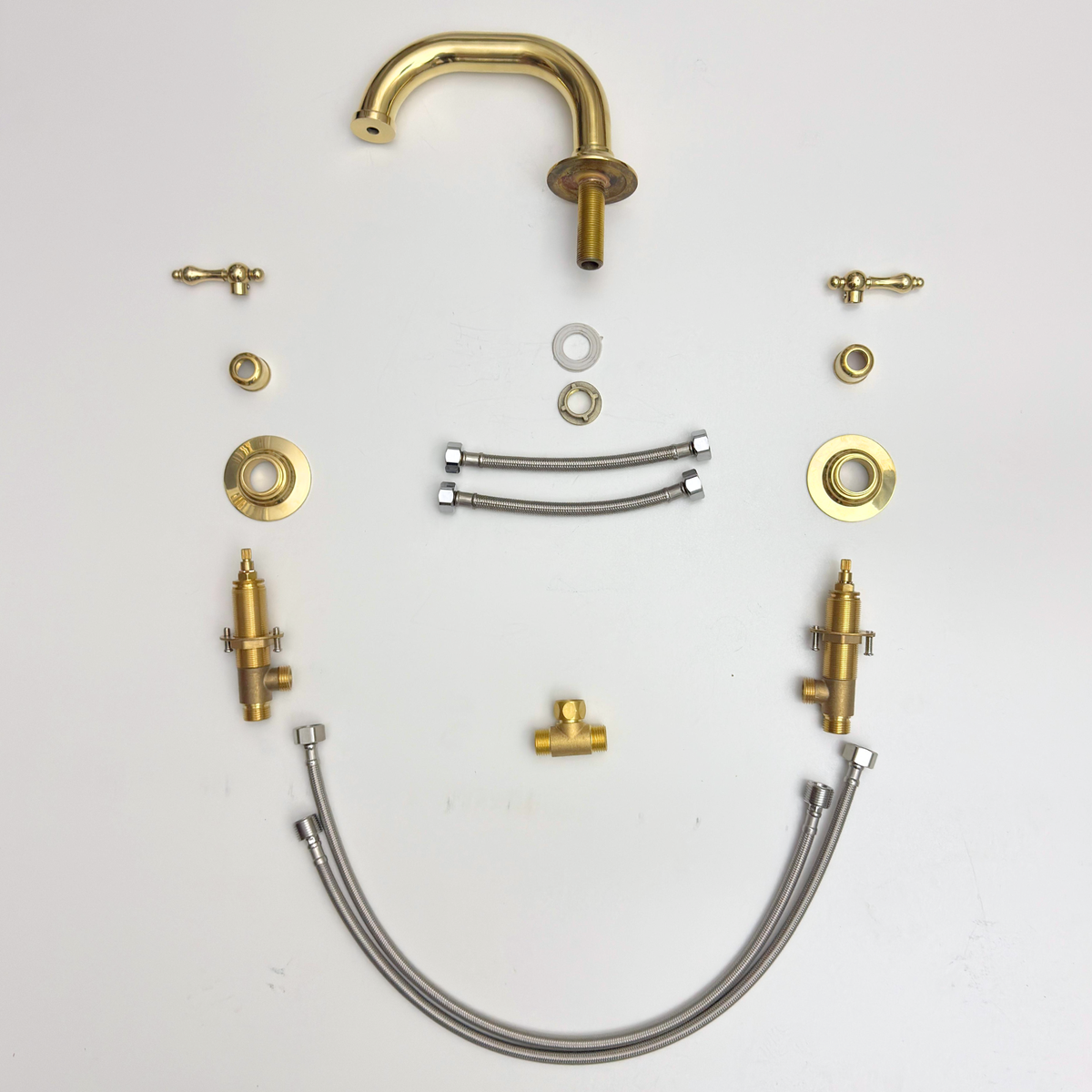 Curved unlacquered brass widespread faucet, 6.5" reach with lever handles – alternate view 11