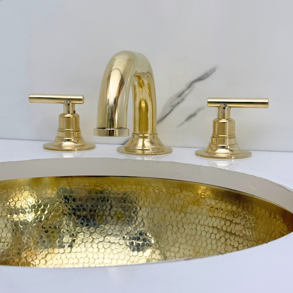 Curved unlacquered brass widespread faucet, 6.5" reach with lever handles – alternate view 7