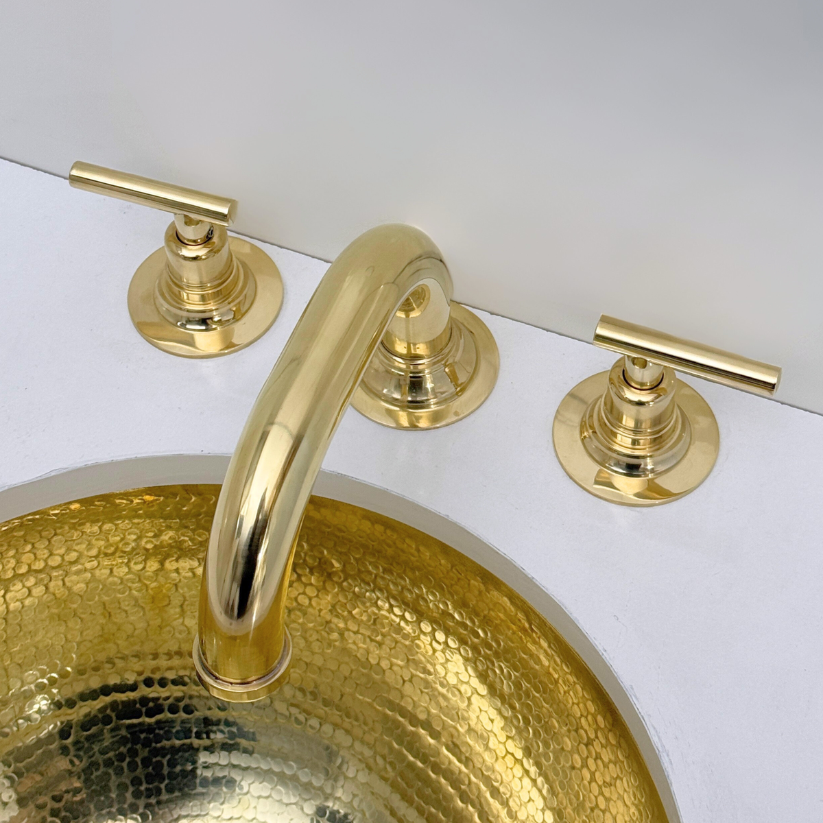 Curved unlacquered brass widespread faucet, 6.5" reach with lever handles – alternate view 8