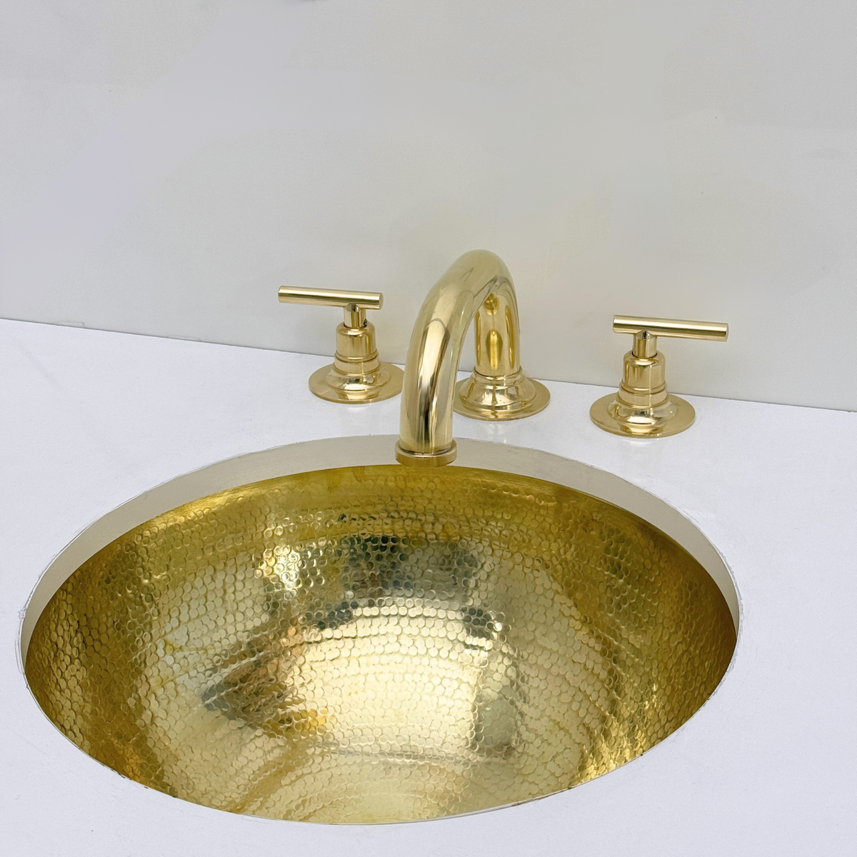 Curved unlacquered brass widespread faucet, 6.5" reach with lever handles – alternate view 9