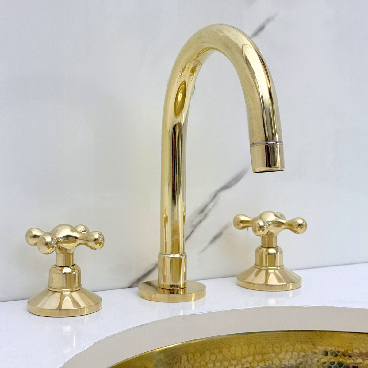 Dome unlacquered brass widespread faucet, 6" reach with cross handles – alternate view 2