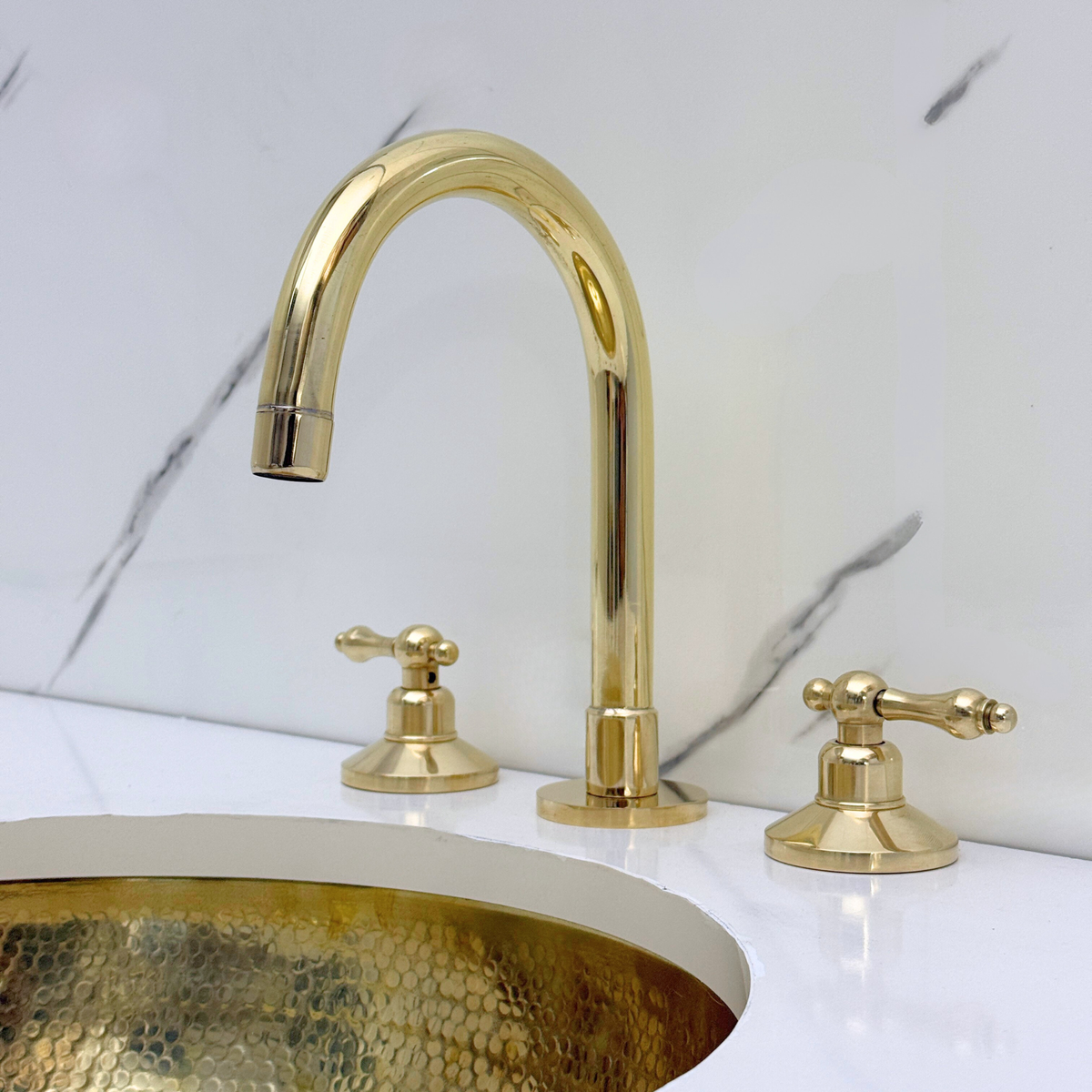 Gooseneck unlacquered brass widespread faucet, 6" reach with lever handles – alternate view 2
