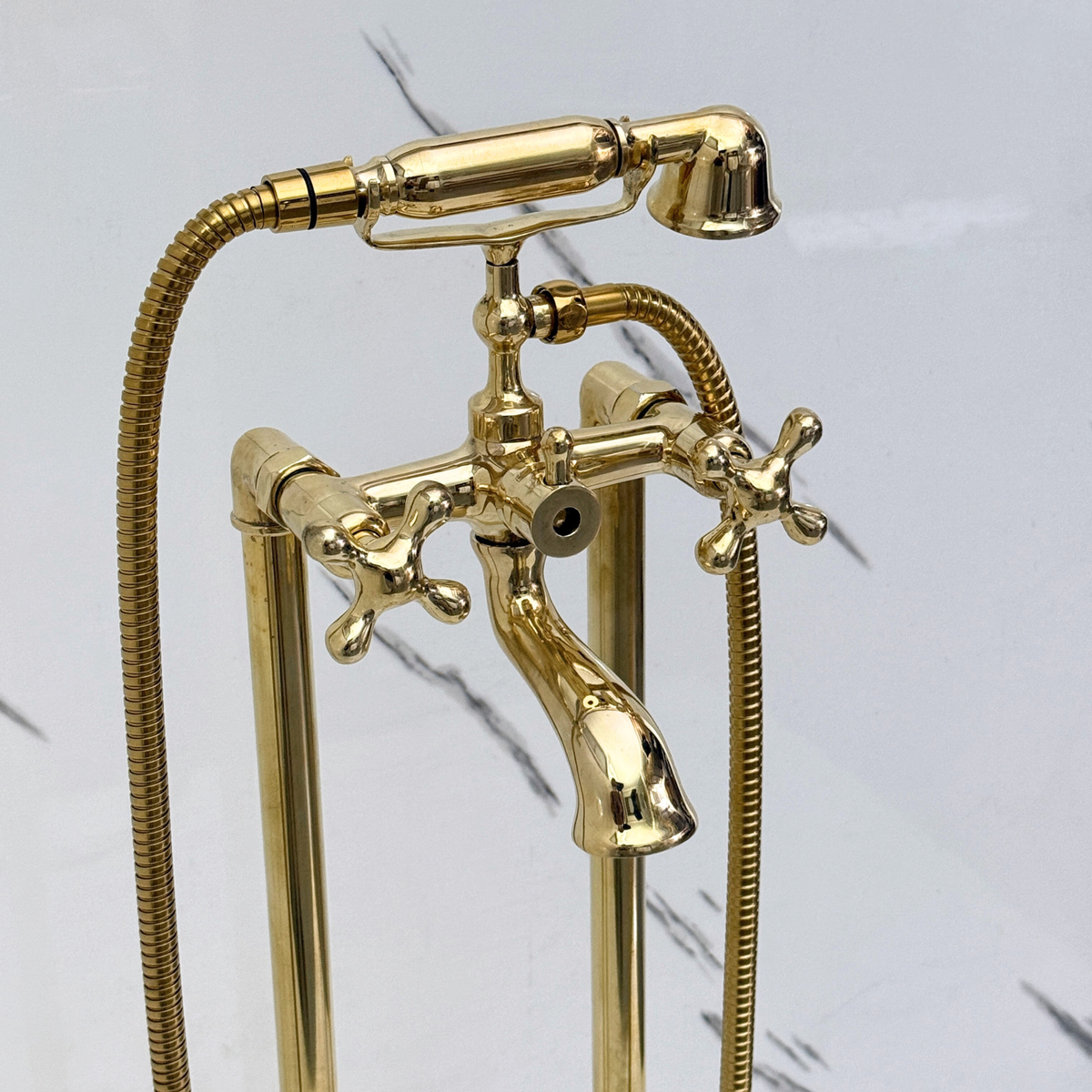 Unlacquered Brass Freestanding Bathtub Faucet, Solid Brass Clawfoot Tub Filler with Handheld Shower Head, - image 2
