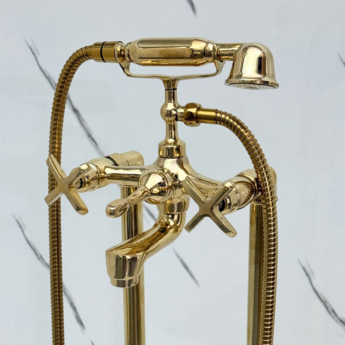 Unlacquered Brass Freestanding Bathtub Faucet, Solid Brass Tub Filler with Handheld Shower Head and Cross - image 5
