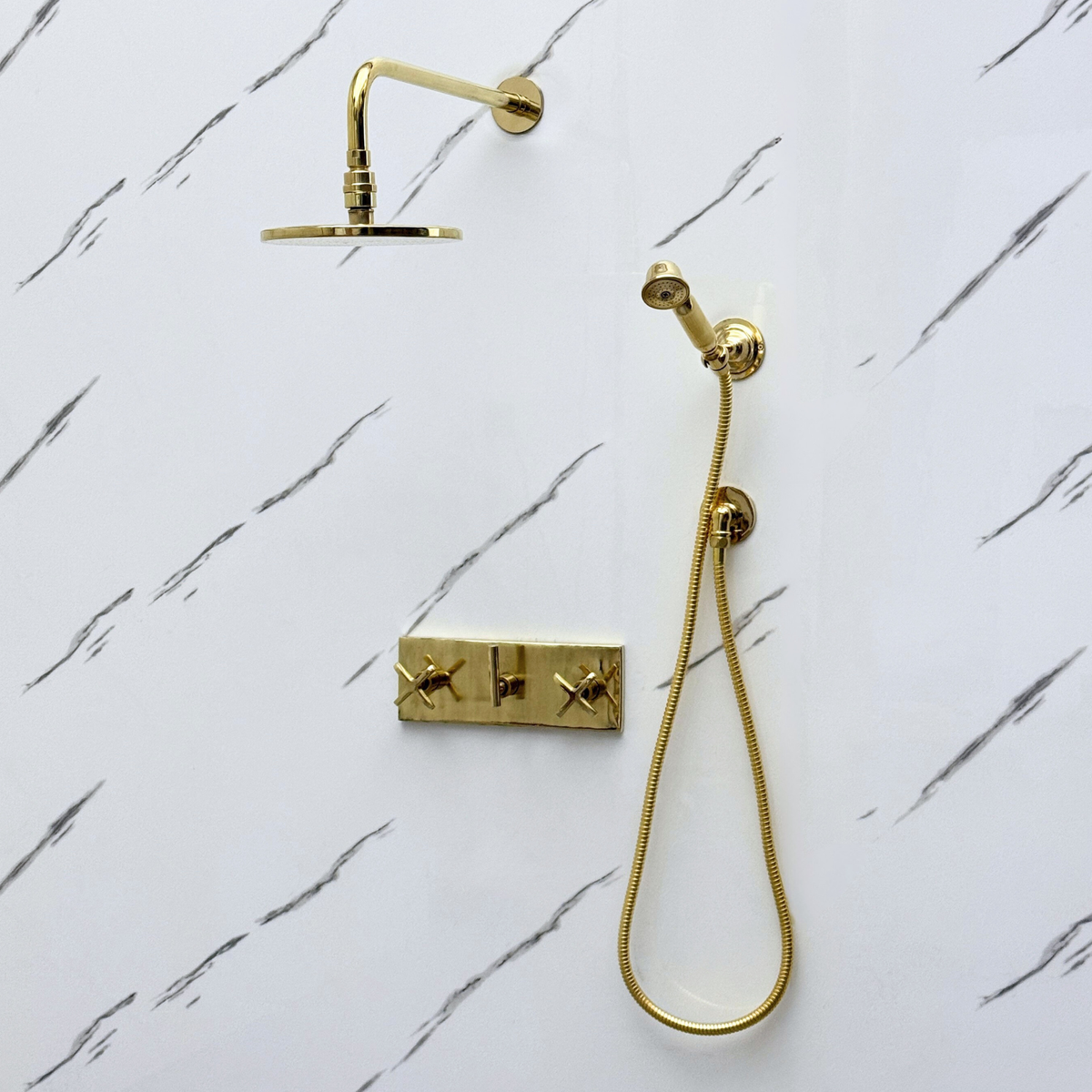 Unlacquered Brass Adjustable Flat Round Rain Shower System with Handheld — Straight arm (UBCSS-011) — detail view 4