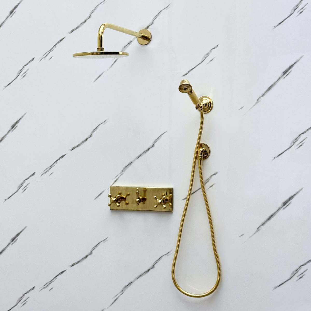 Unlacquered Brass Adjustable Flat Round Rain Shower System with Handheld — Straight arm (UBCSS-011) — detail view 8