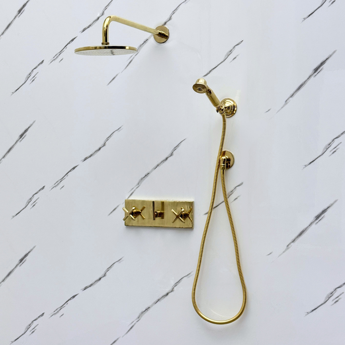 Unlacquered Brass Adjustable Flat Round Rain Shower System with Handheld — Straight arm (UBCSS-011) — detail view 9