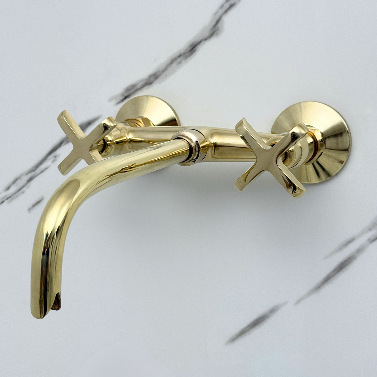 10" Curved unlacquered brass wall faucet, 3.5" drop with cross handles – alternate view 6