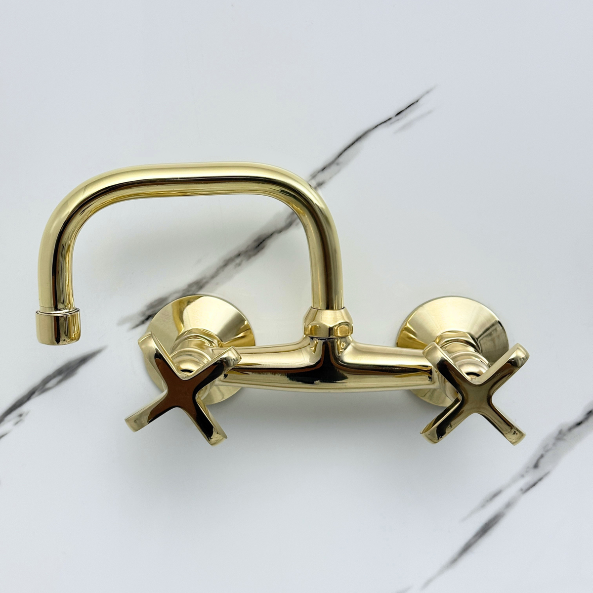 7.5" Swivel unlacquered brass wall faucet, 6" spread with cross handles – alternate view 7