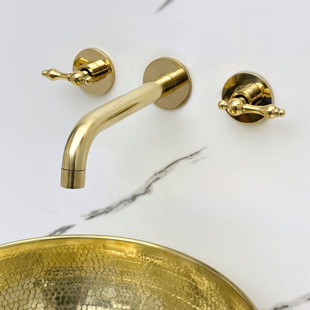 8" Curved unlacquered brass wall faucet, 2.5" drop with lever handles – alternate view 2