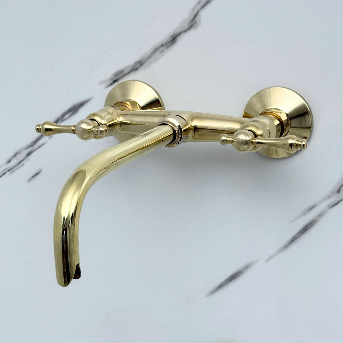 10" Curved unlacquered brass wall faucet, 3.5" drop with lever handles – alternate view 6
