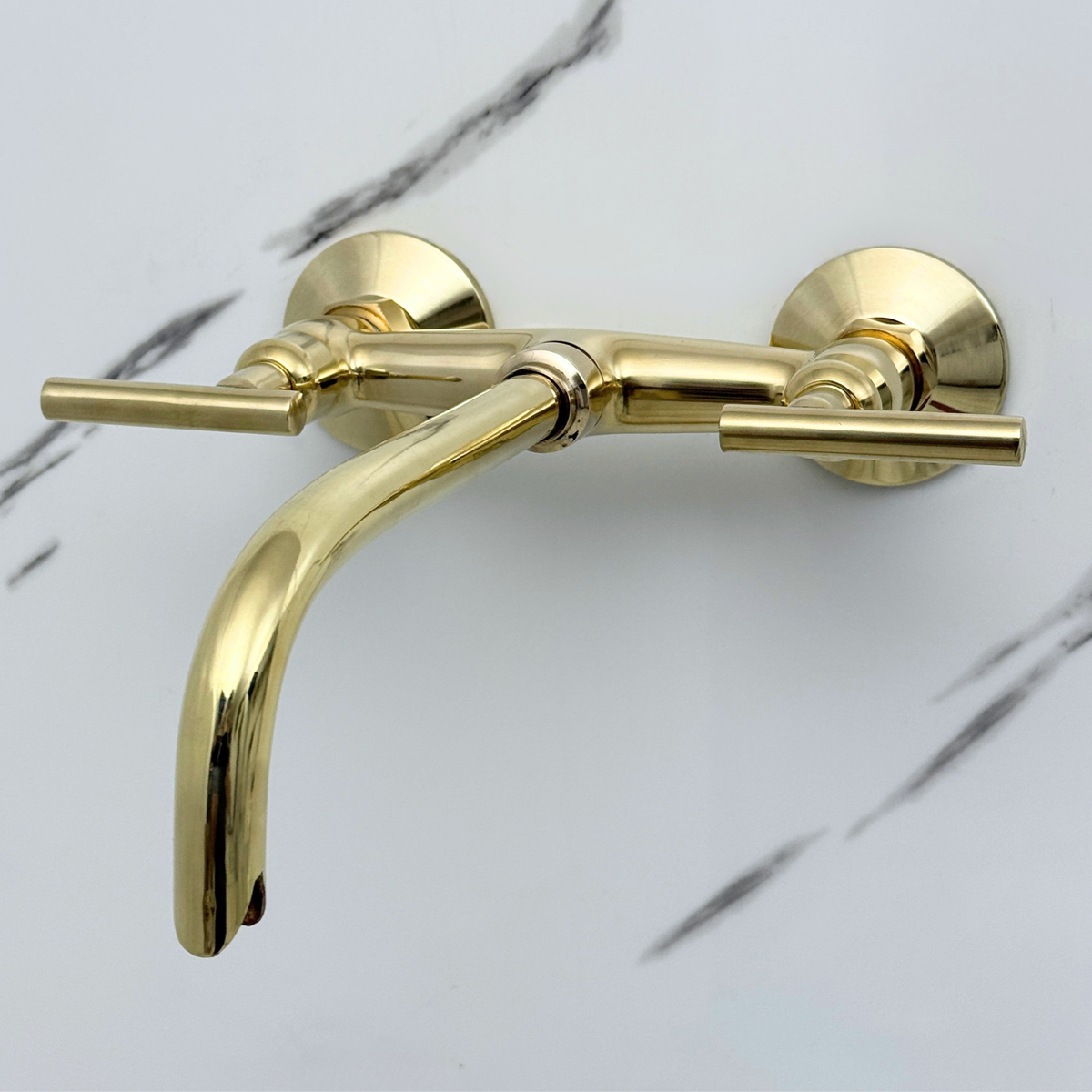 10" Curved unlacquered brass wall faucet, 3.5" drop with lever handles – alternate view 5