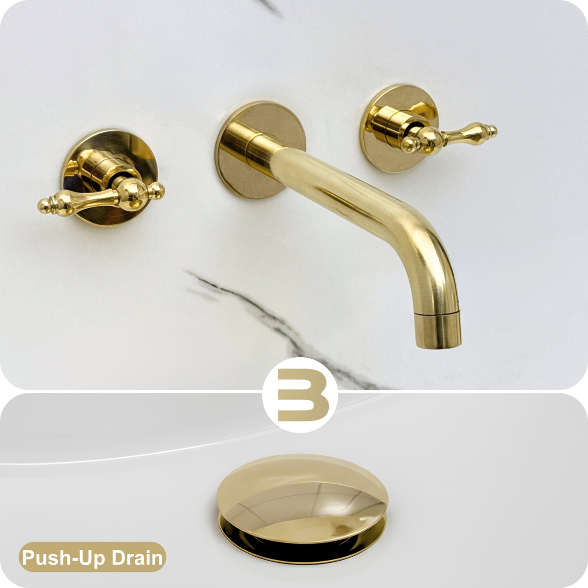 8" Curved unlacquered brass wall faucet, 2.5" drop with lever handles – alternate view 4