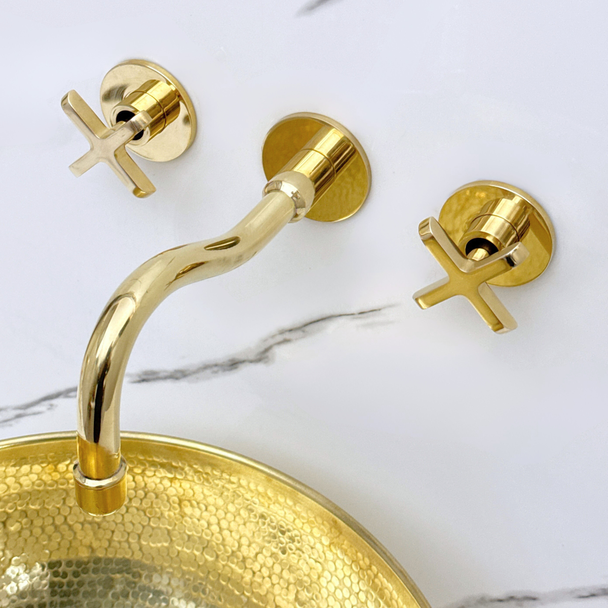 8" Curved unlacquered brass wall faucet, 2" drop with cross handles – alternate view 7