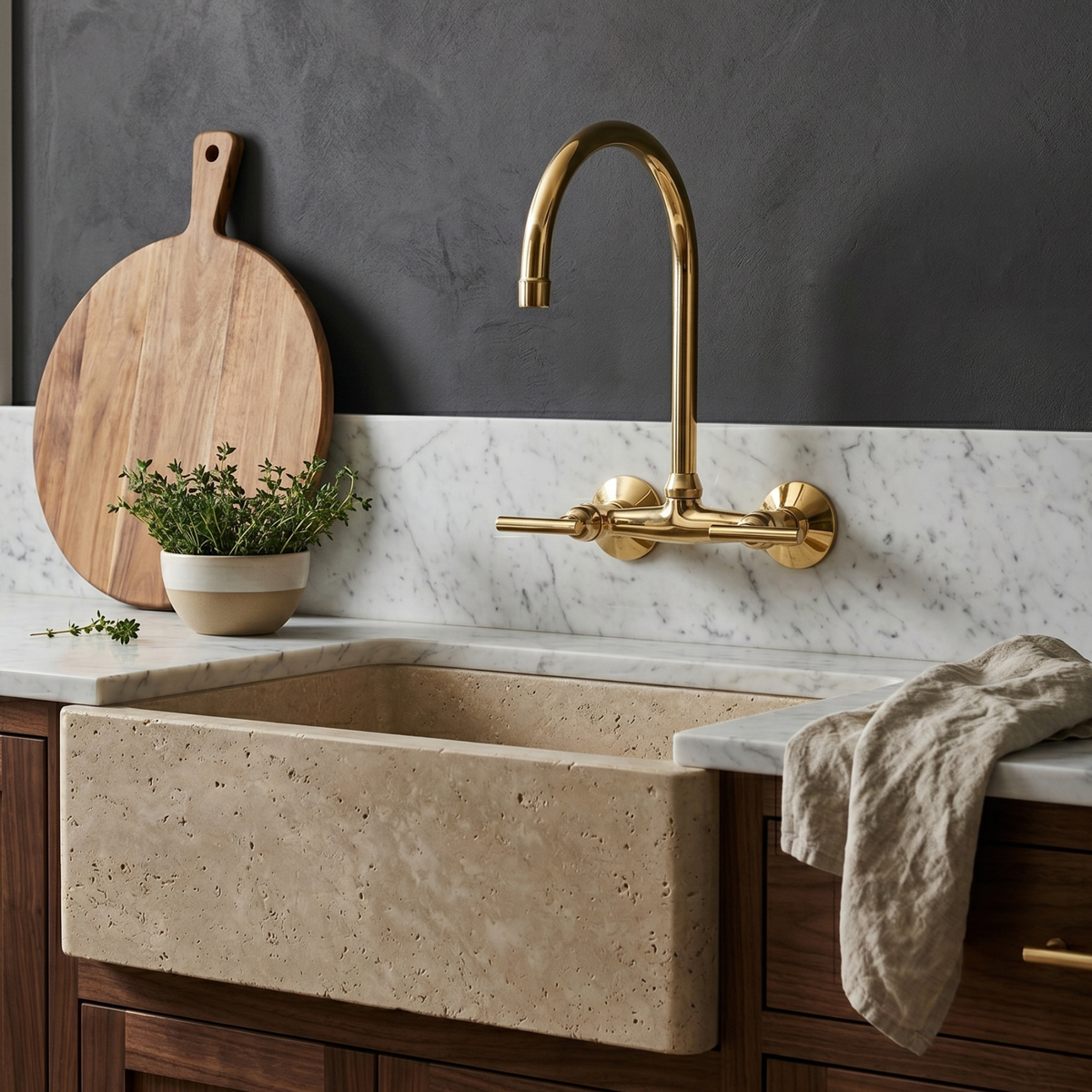 Unlacquered brass wall faucet, 11.5" high, 6" spread with lever handles