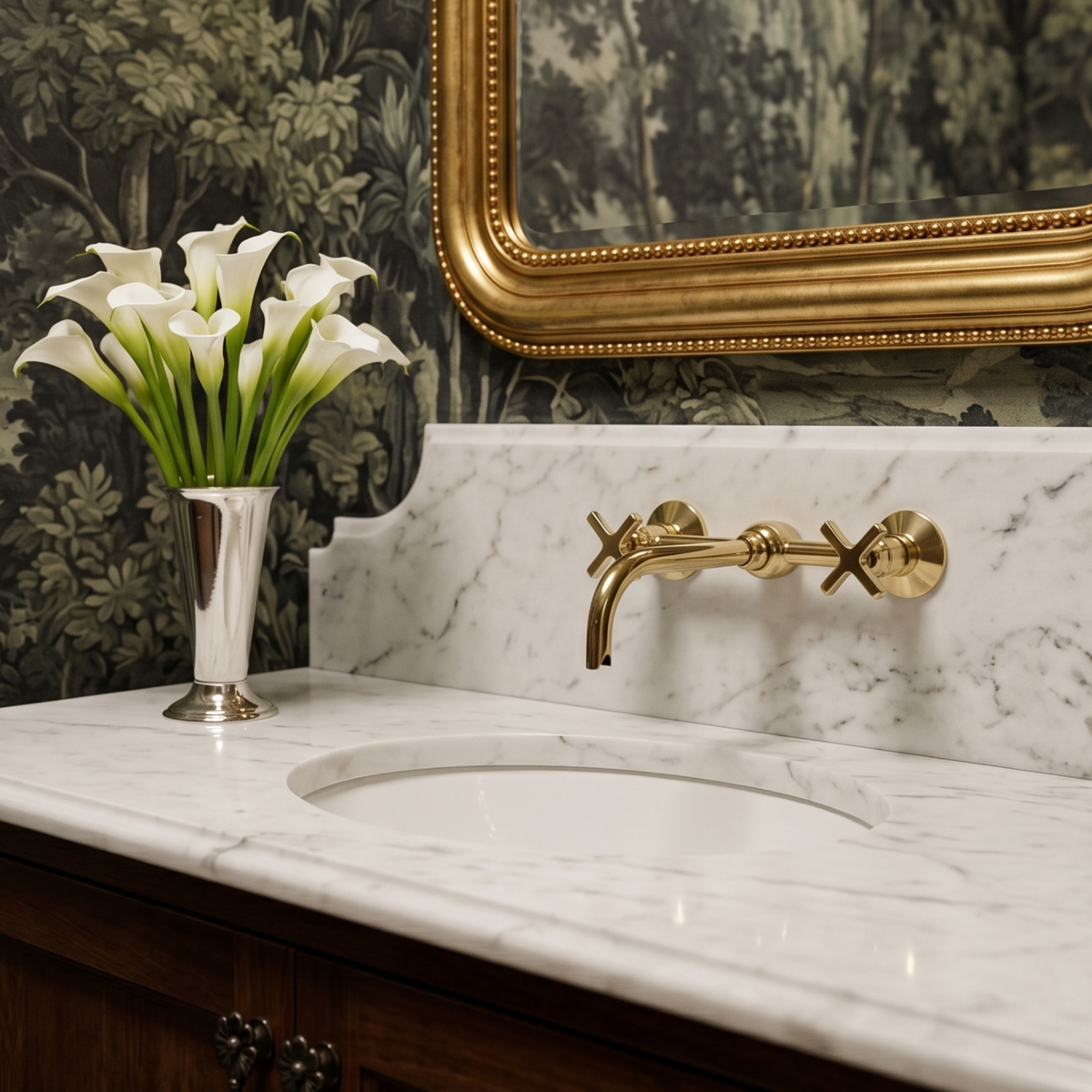 10" Ball-Center unlacquered brass wall faucet, 8" spread with cross handles