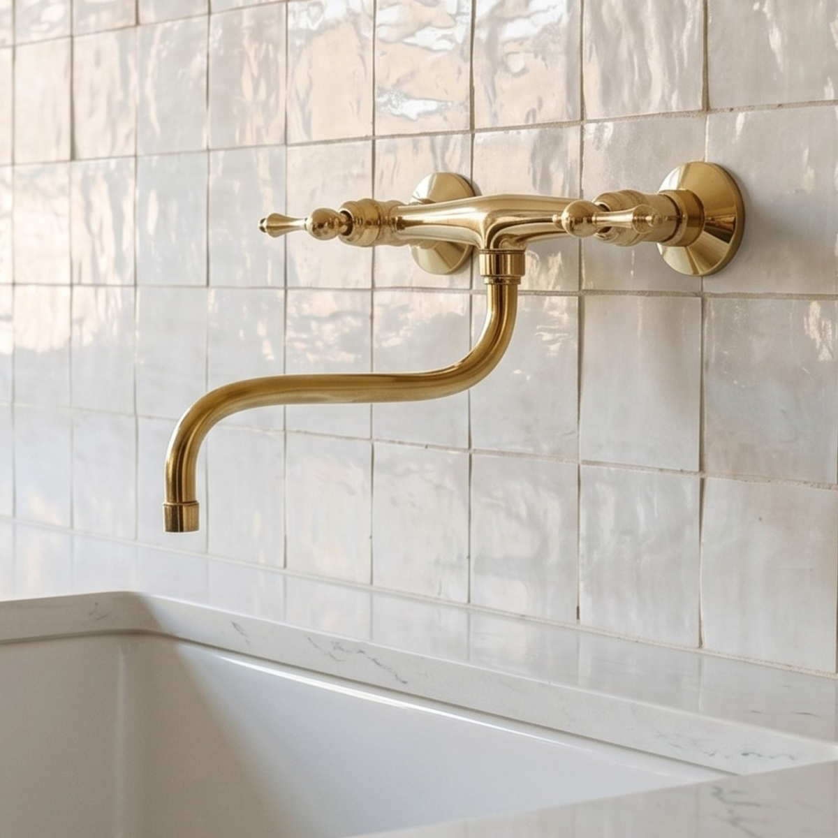 Unlacquered brass wall faucet, 10" reach, 7" drop with lever handles