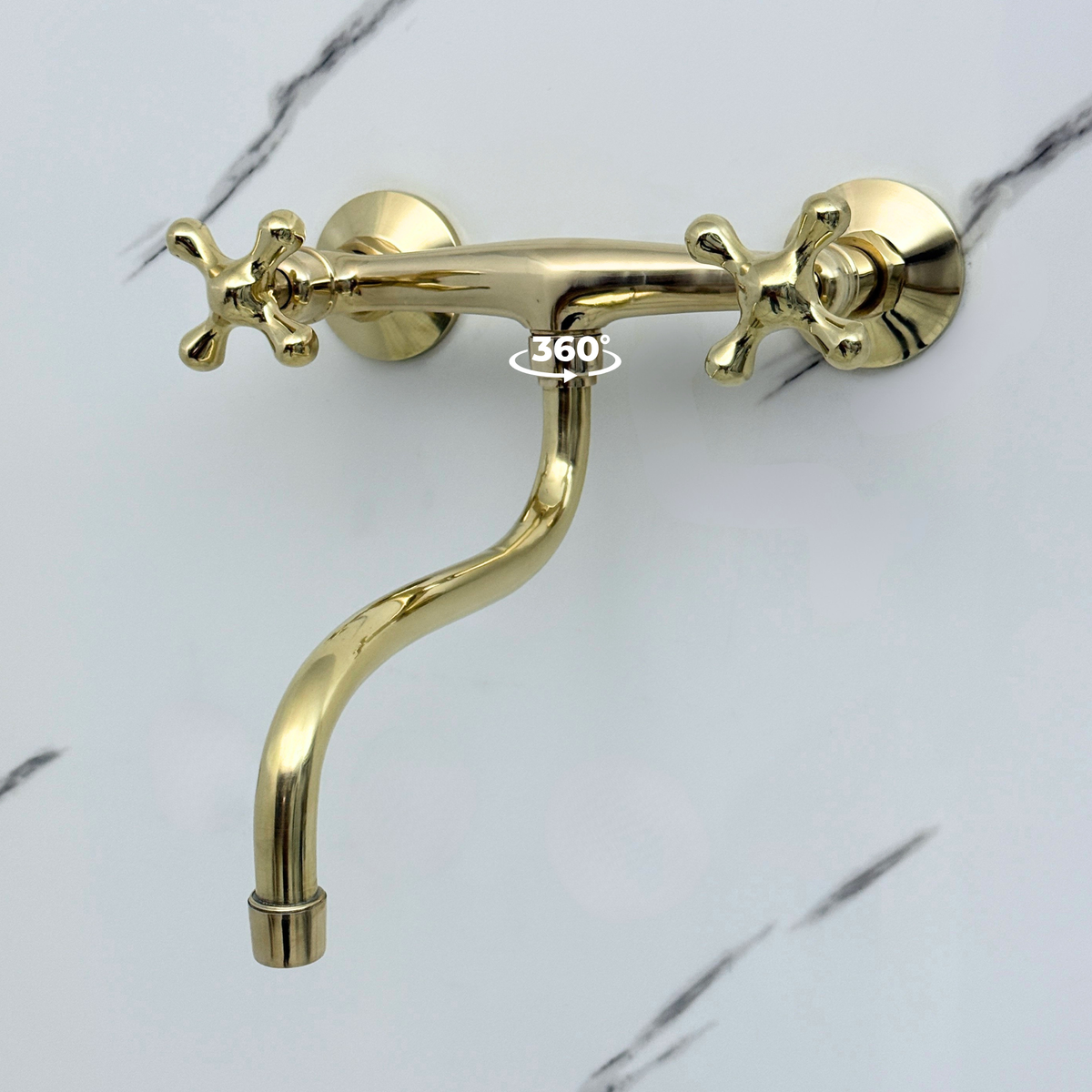 Unlacquered brass wall faucet, 10" reach, 7" drop with cross handles – alternate view 3