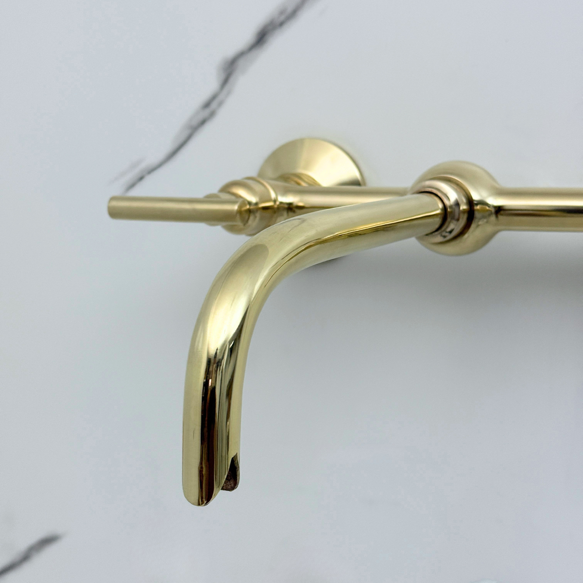 10" Ball-Center unlacquered brass wall faucet, 8" spread with lever handles – alternate view 6
