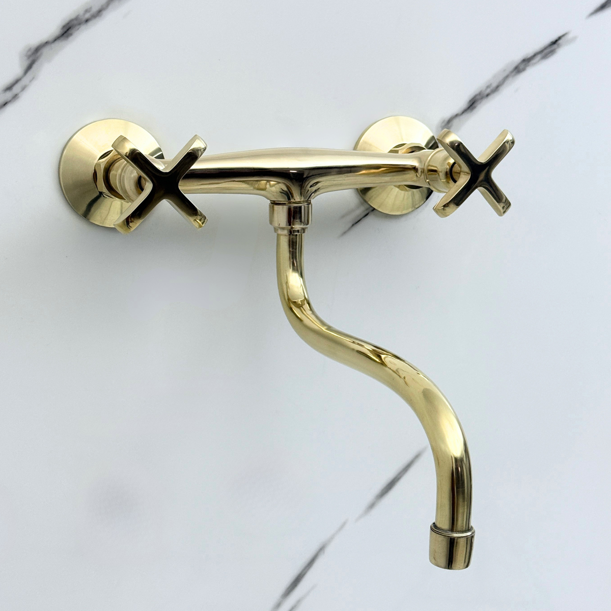 Unlacquered brass wall faucet, 10" reach, 7" drop with cross handles – alternate view 6