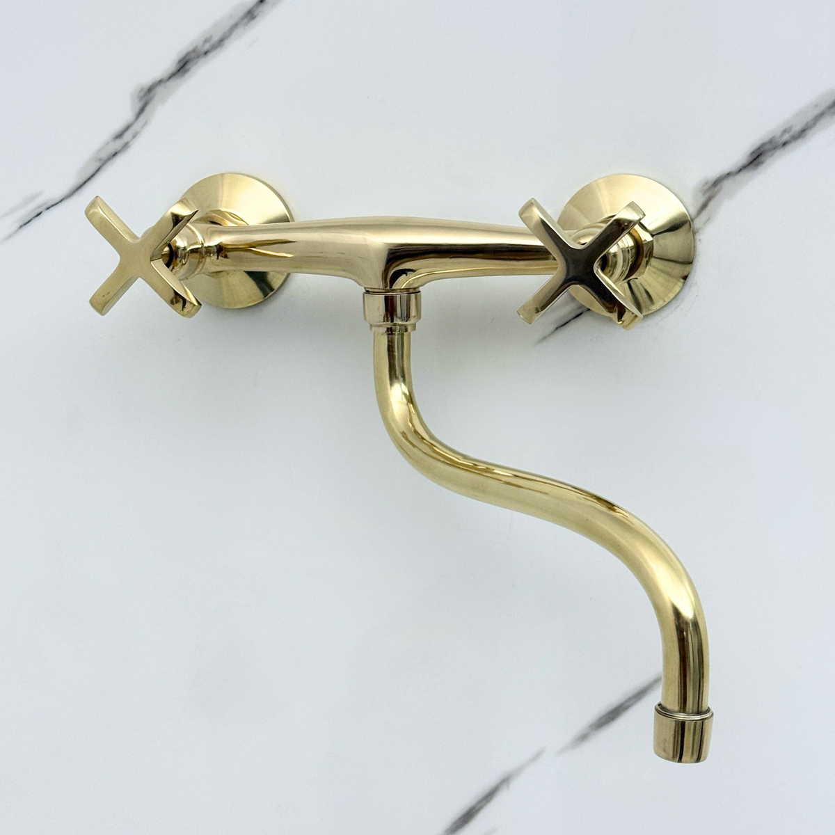 Unlacquered brass wall faucet, 10" reach, 7" drop with cross handles – alternate view 9
