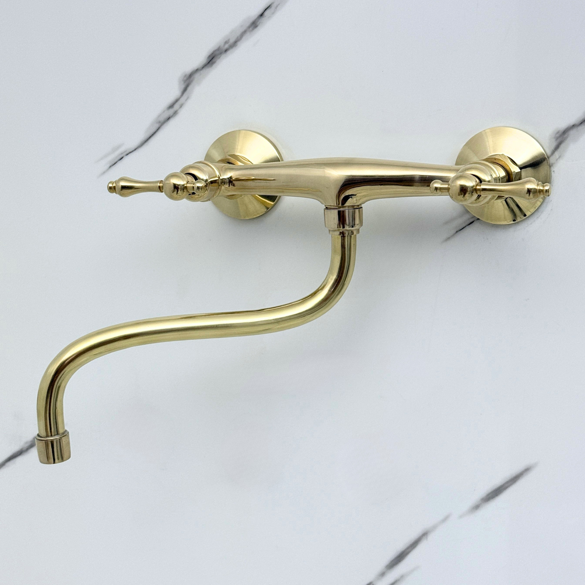 Unlacquered brass wall faucet, 10" reach, 7" drop with lever handles – alternate view 2