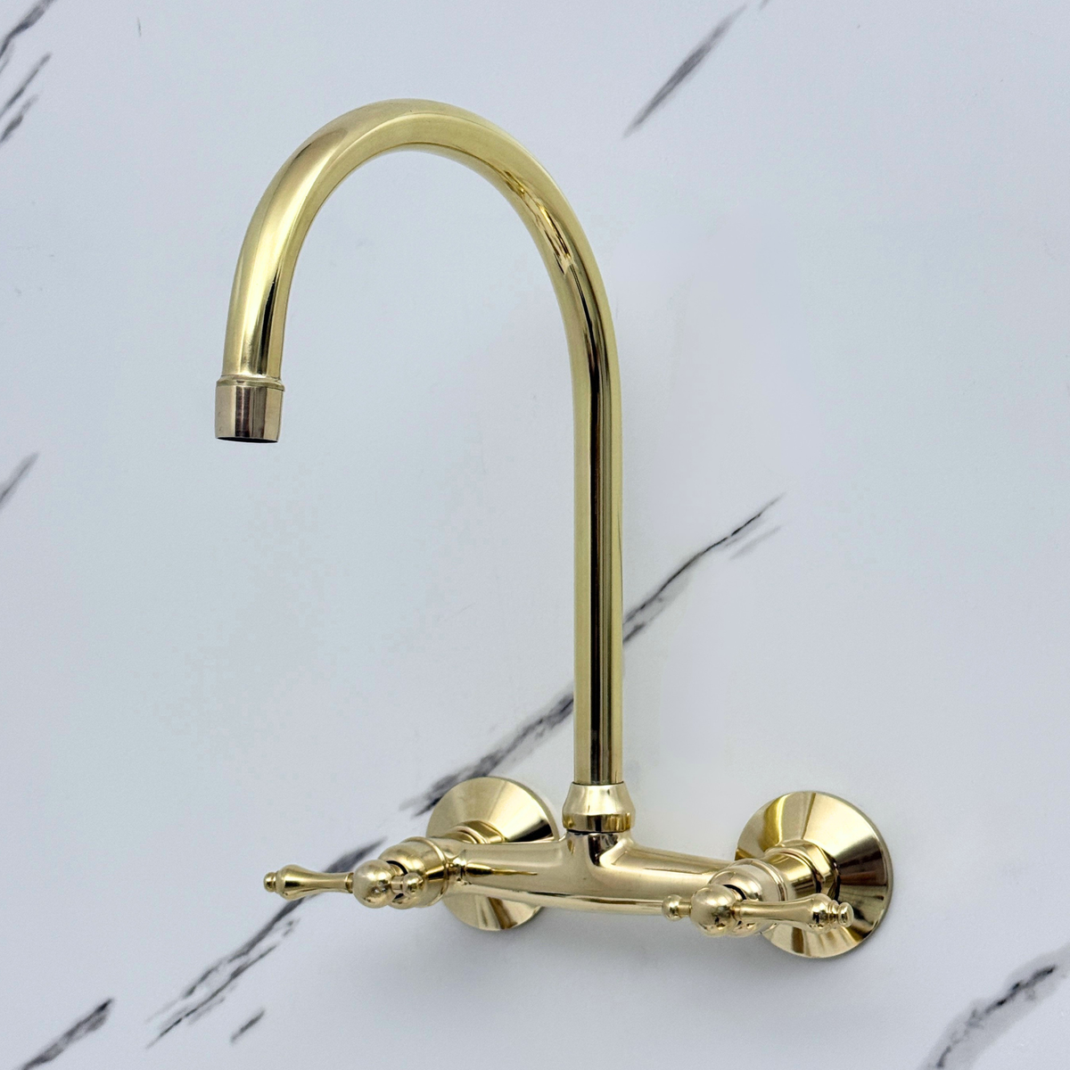 Unlacquered brass wall faucet, 11.5" high, 6" spread with lever handles – alternate view 2